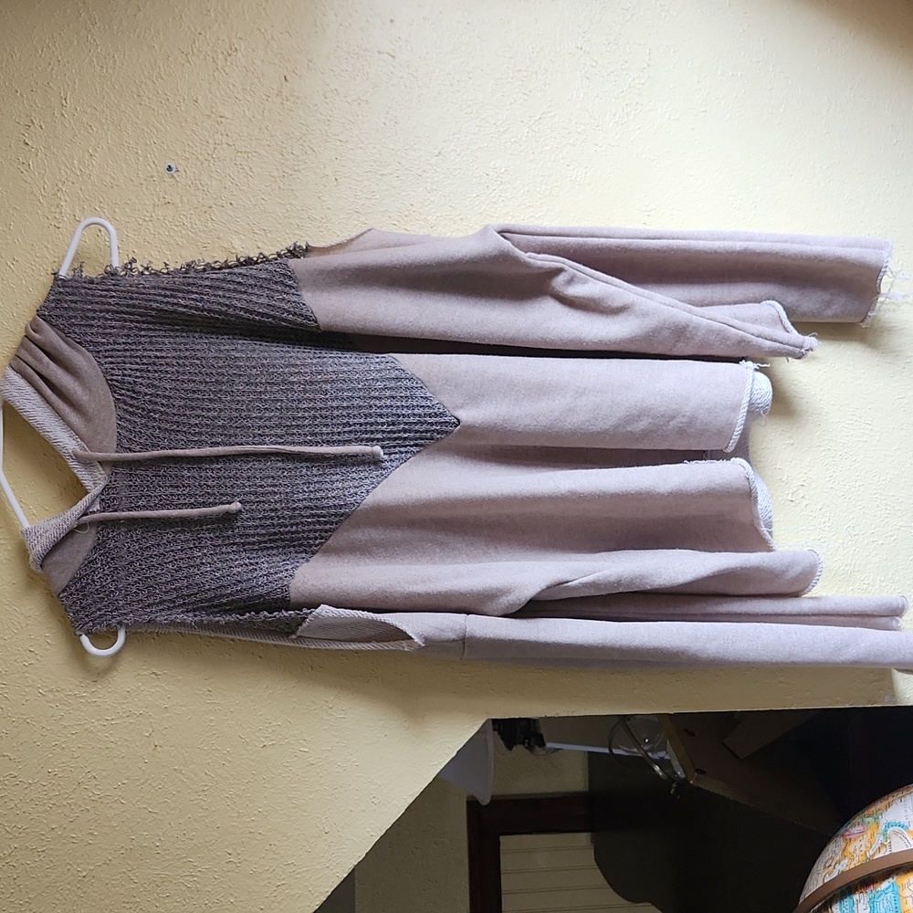 Beige and Gray Knit Cold Shoulder Hoodie with Mesh Accents Sugarfox Fall Winter